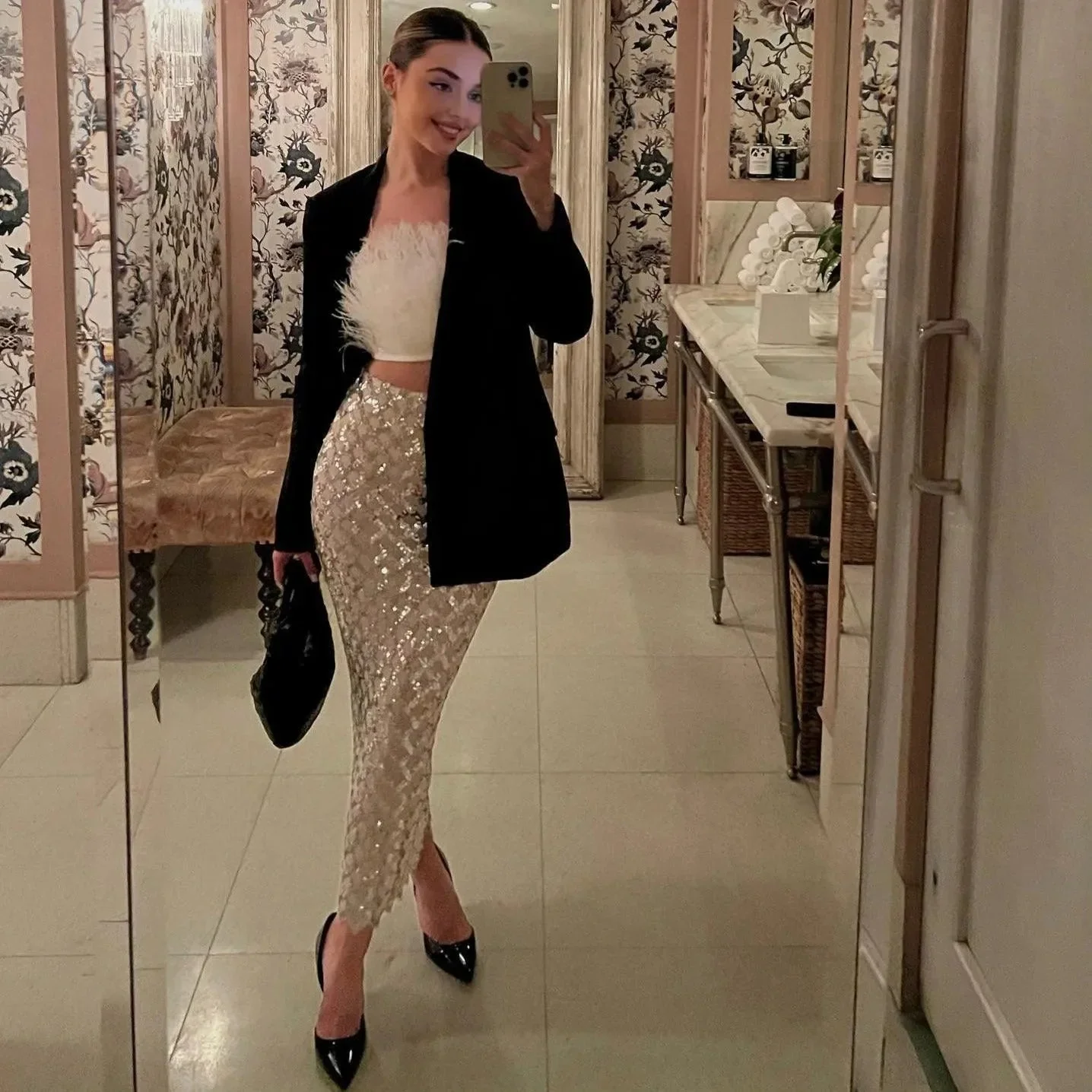 Glamorous Feather Sequin Two-Piece Set