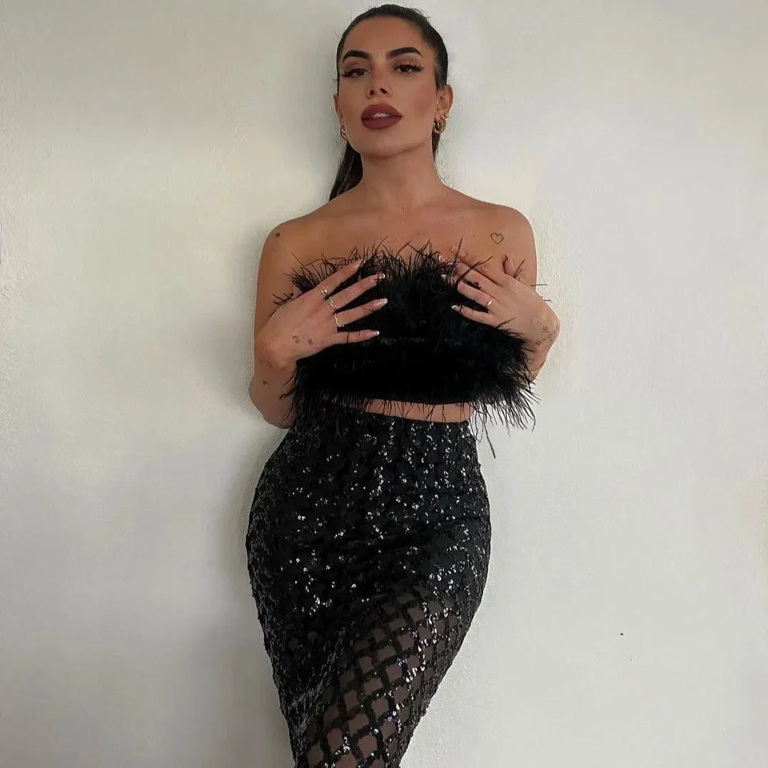 Glamorous Feather Sequin Two-Piece Set