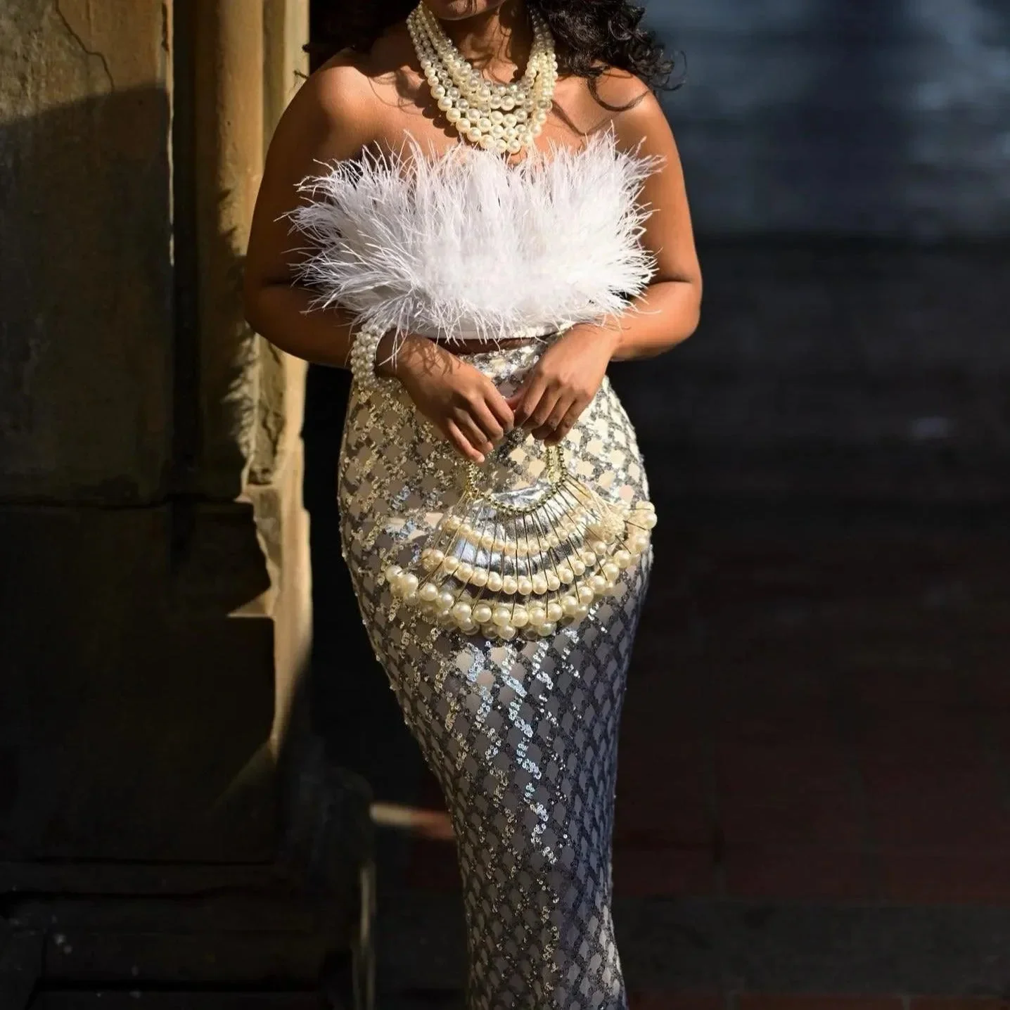 Glamorous Feather Sequin Two-Piece Set
