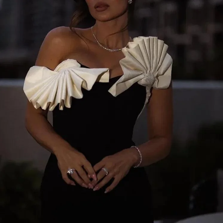 Elegant Ruffled Black & Cream Midi Dress