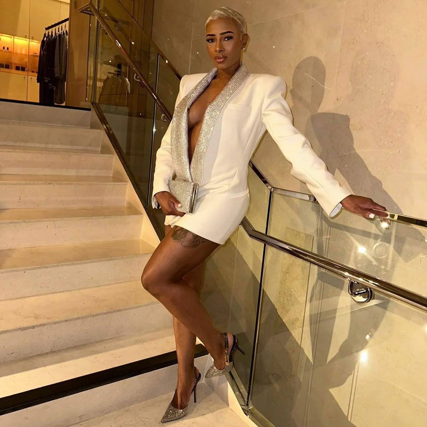 Chic Crystal Embellished Blazer Mini Dress Ivory