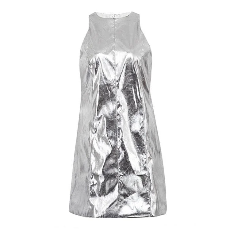 Silver Faux Leather Sleeveless Mini Dress