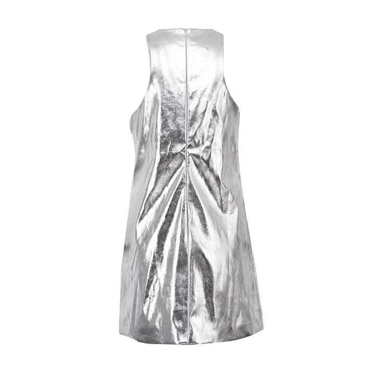 Silver Faux Leather Sleeveless Mini Dress