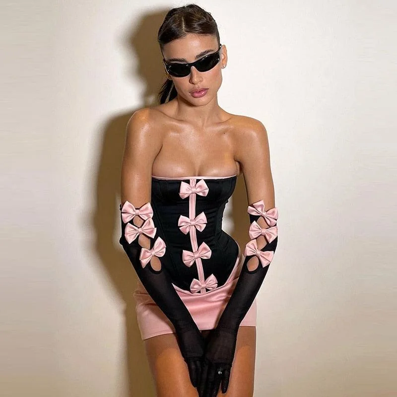 Satin Strapless Set with Corset Bowknot Accent, Black