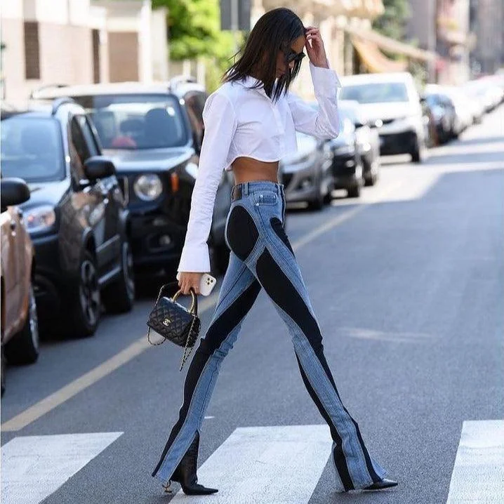 Trendy Two-Tone High Waist Denim Jeans for Women