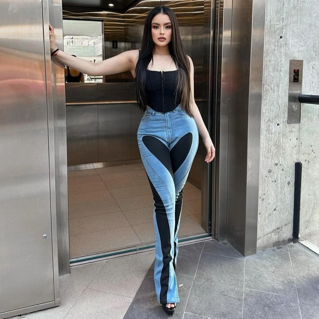 Trendy Two-Tone High Waist Denim Jeans for Women