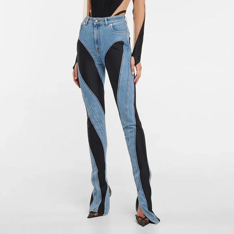 Trendy Two-Tone High Waist Denim Jeans for Women
