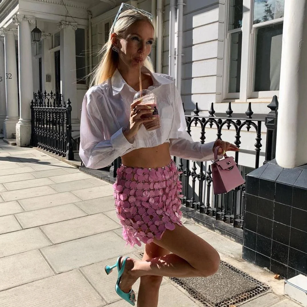 Sequin Embellished Mini Skirt - Silver, Black, Yellow, Pink