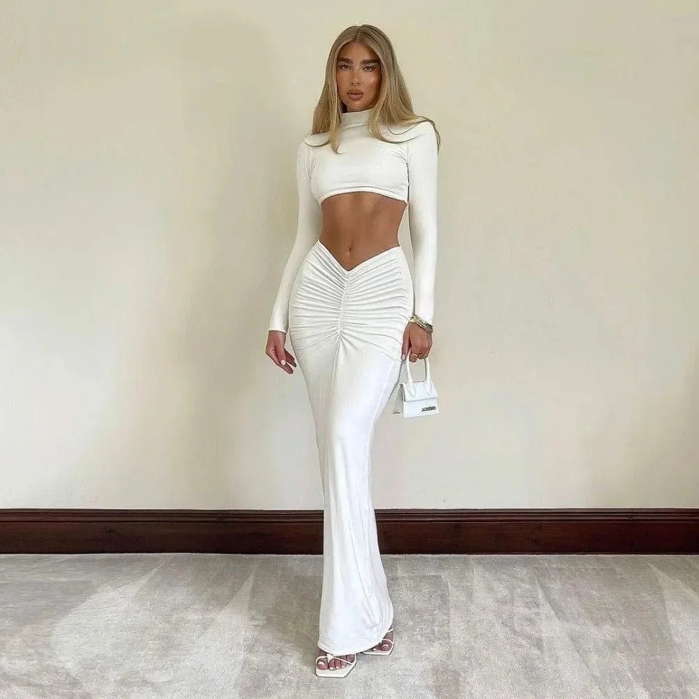 Chic White Ruched Crop Top and High-Waisted Pants Set
