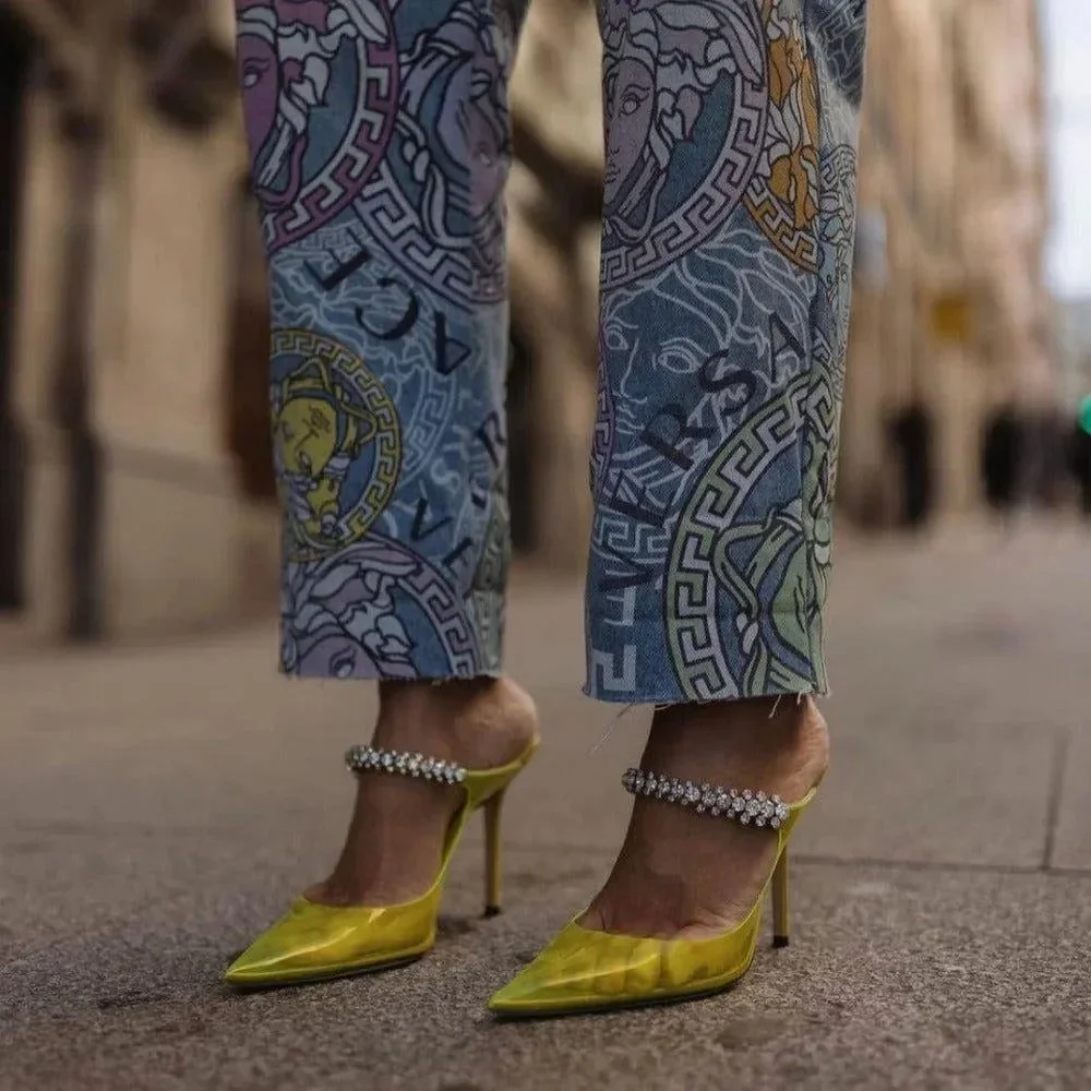 Crystal Embellished Transparent Heels - Elegant Jelly Bean Design