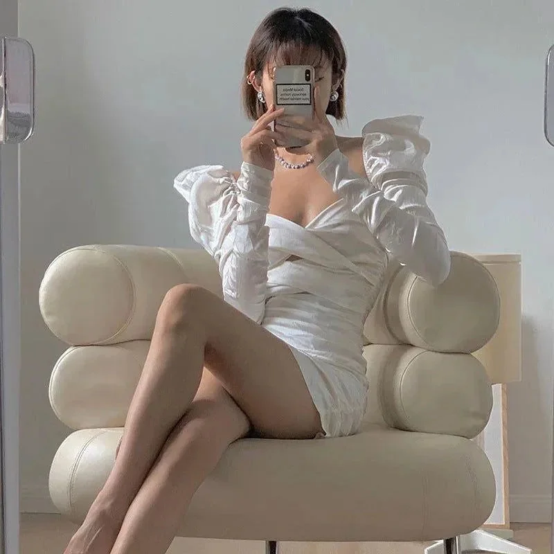 White Ruched Lace-Up Mini Dress