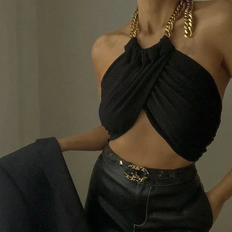 Black Twisted Halterneck Chain Crop Top