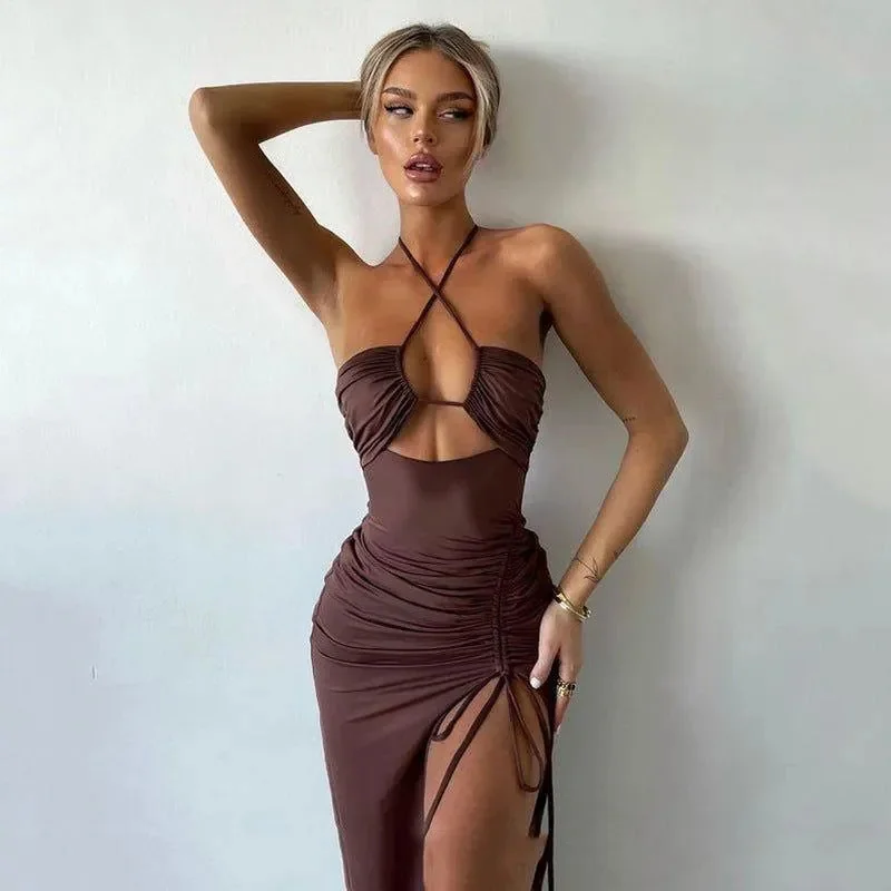 Halter Maxi Dress with Thigh-High Split and Ruched Detailing