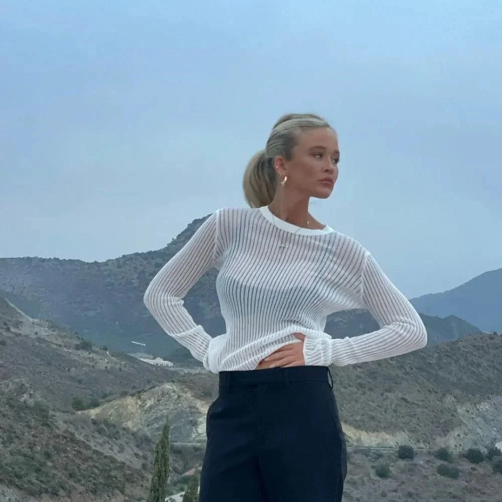 Womens Ivory Rib Knit Sweater - Semi-Sheer Long Sleeve