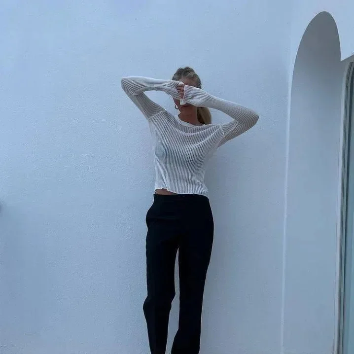 Womens Ivory Rib Knit Sweater - Semi-Sheer Long Sleeve