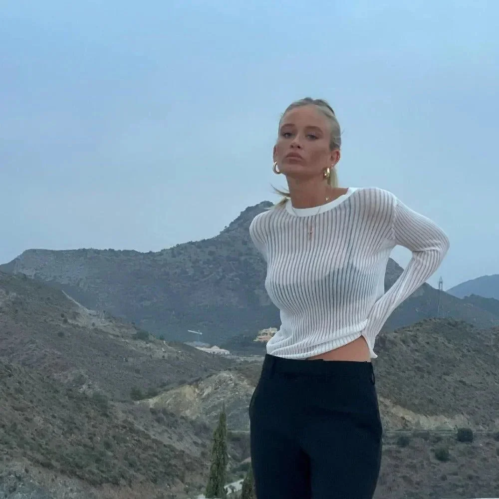 Womens Ivory Rib Knit Sweater - Semi-Sheer Long Sleeve