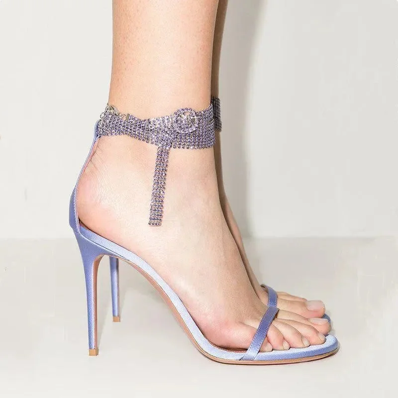 Ankle Strap Sandals with Crystal Embellishment for Women - Black/Rose/Purple/Gold