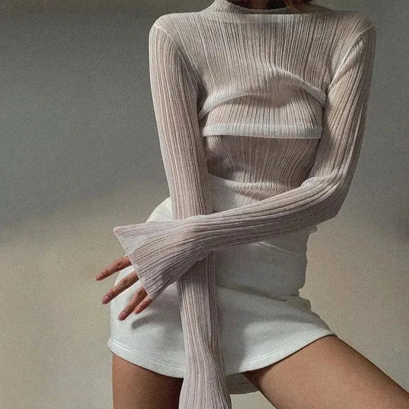 Sheer Mesh Mock Neck Frill Hem Crop Top