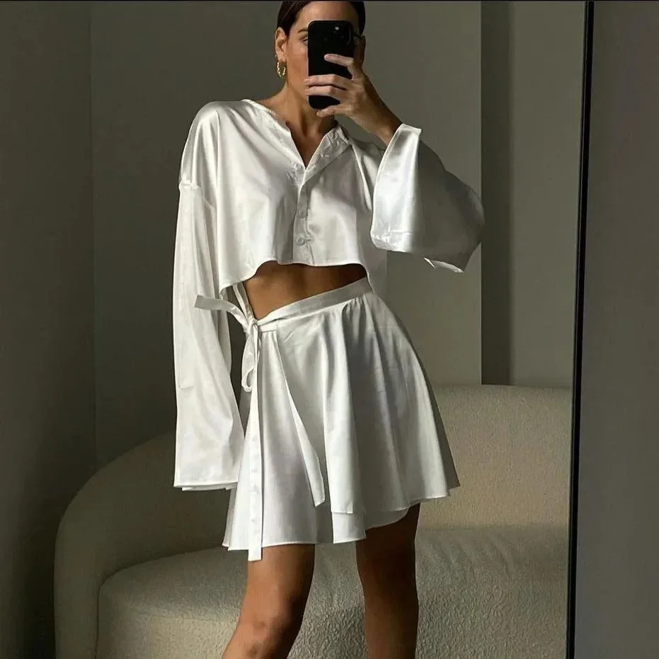 White Satin Blouse and Self-Belted Skirt Set