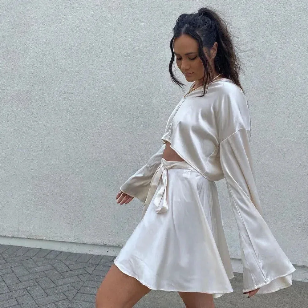 White Satin Blouse and Self-Belted Skirt Set