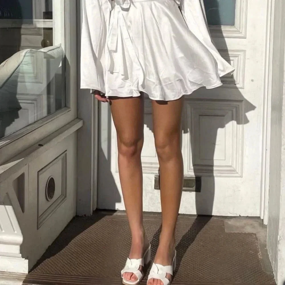 White Satin Blouse and Self-Belted Skirt Set