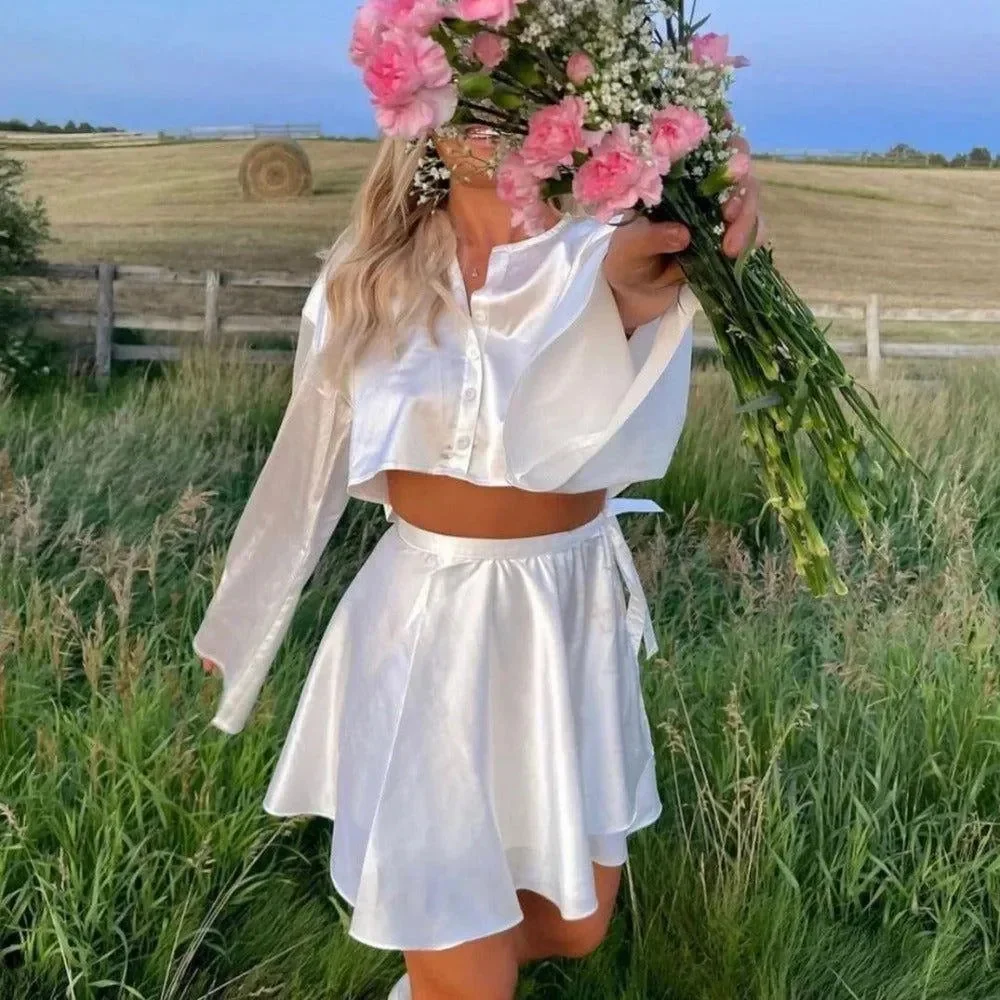 White Satin Blouse and Self-Belted Skirt Set
