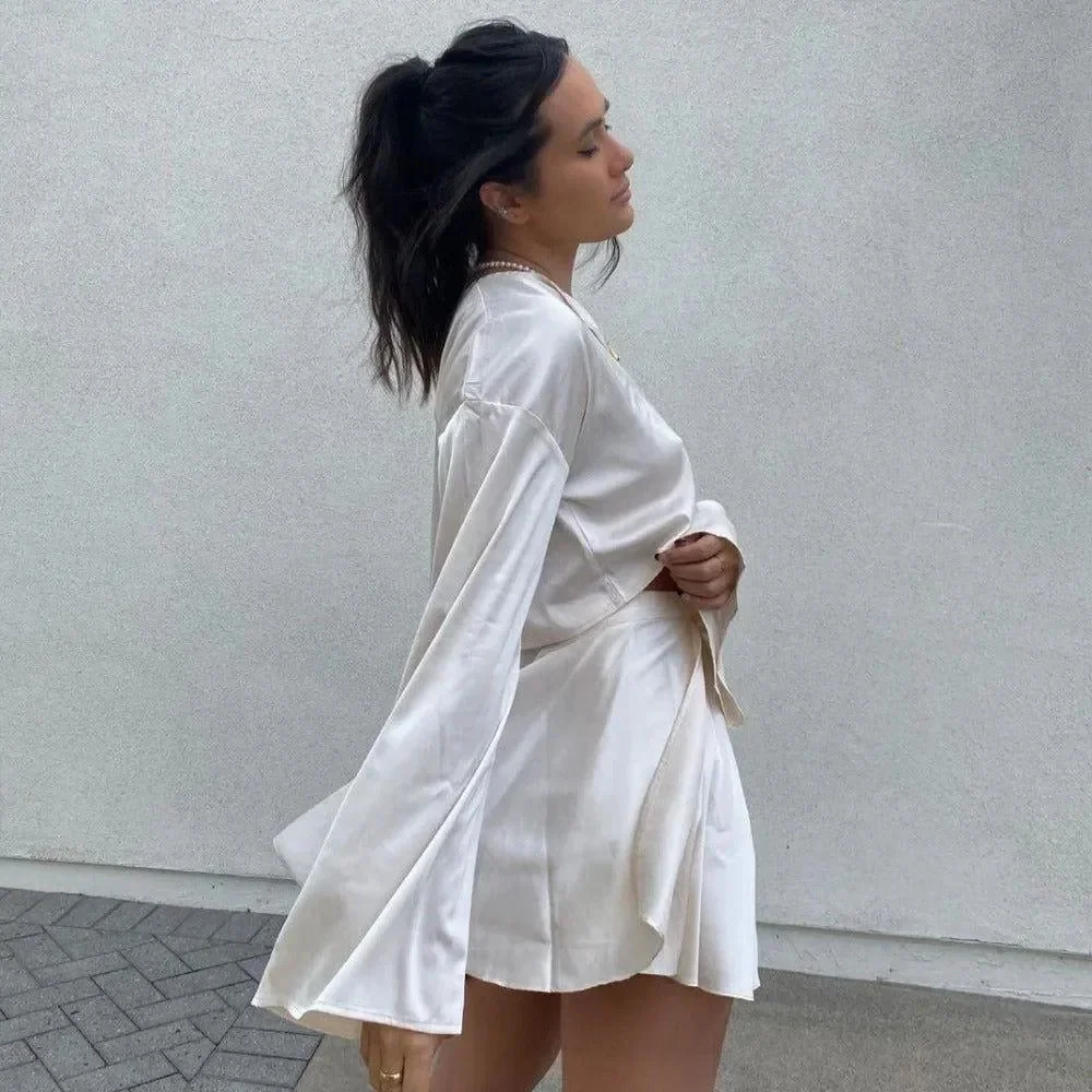 White Satin Blouse and Self-Belted Skirt Set