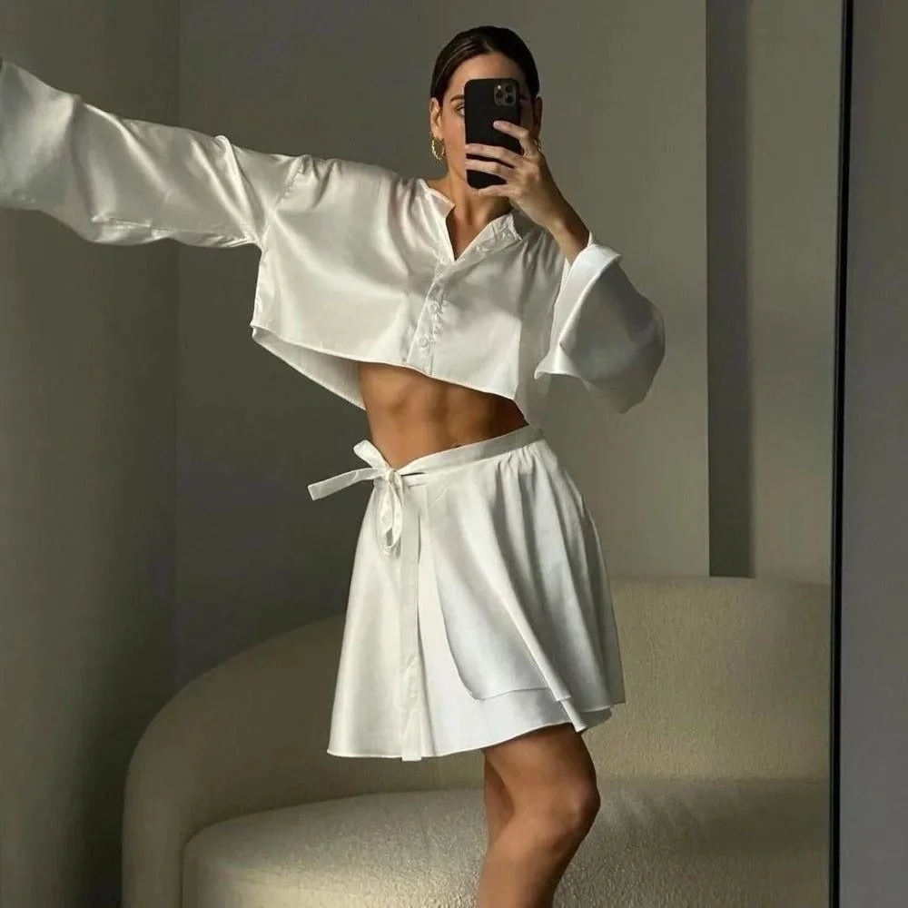 White Satin Blouse and Self-Belted Skirt Set