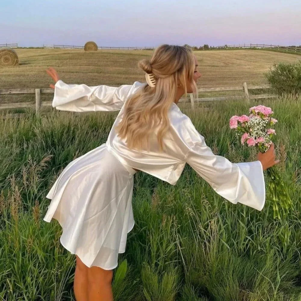 White Satin Blouse and Self-Belted Skirt Set