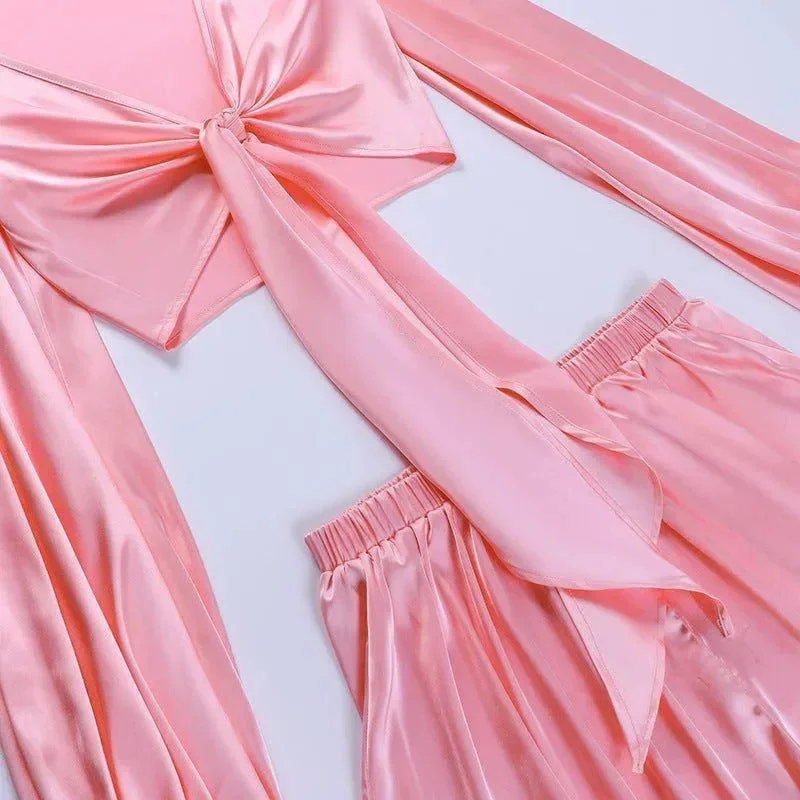 Pink Satin Tie Up Crop Top and Shorts Set
