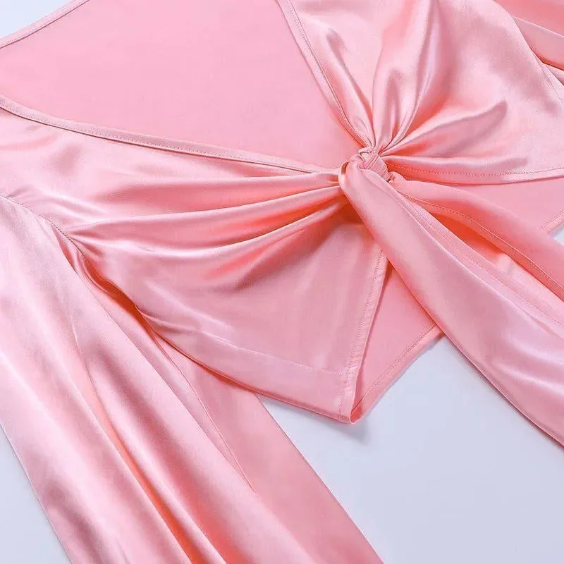 Pink Satin Tie Up Crop Top and Shorts Set
