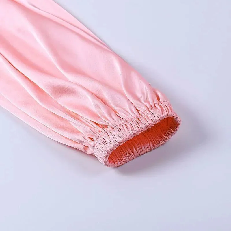 Pink Satin Tie Up Crop Top and Shorts Set