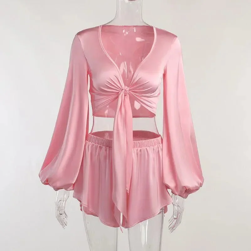 Pink Satin Tie Up Crop Top and Shorts Set