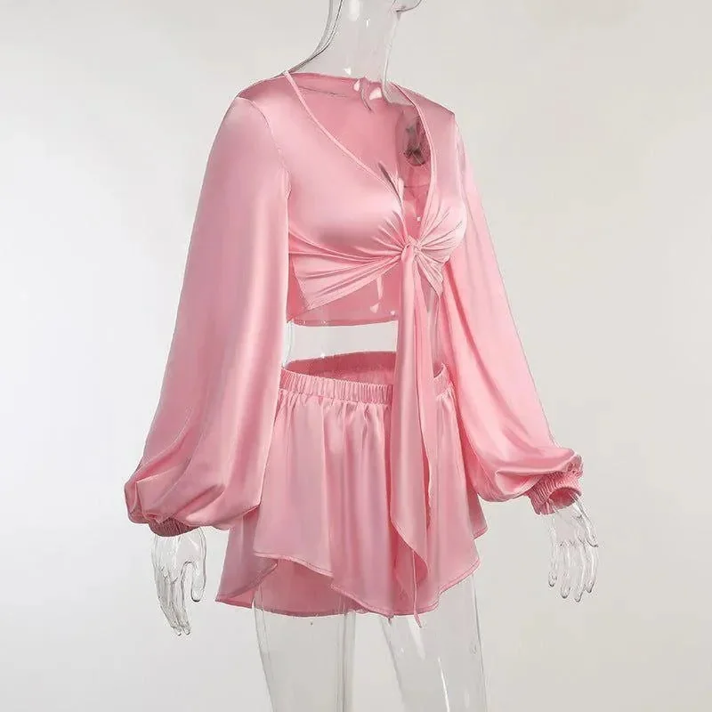 Pink Satin Tie Up Crop Top and Shorts Set