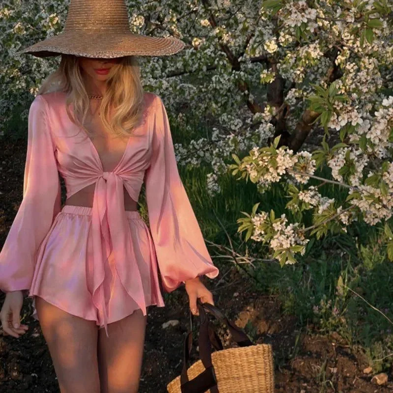 Pink Satin Tie Up Crop Top and Shorts Set