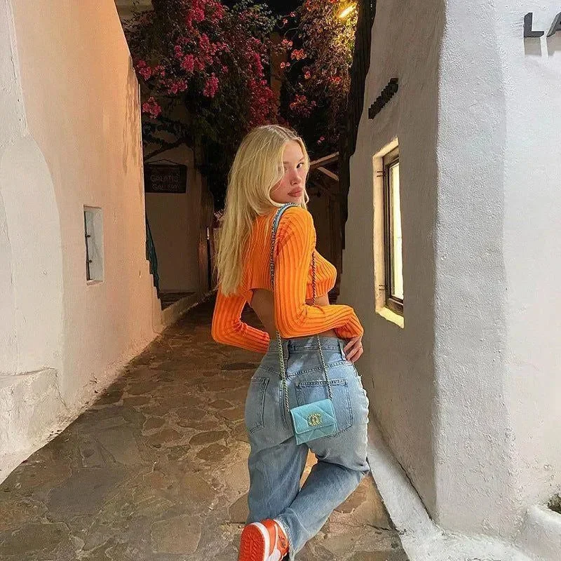 Rib-Knit Long Sleeve Green Crop Top