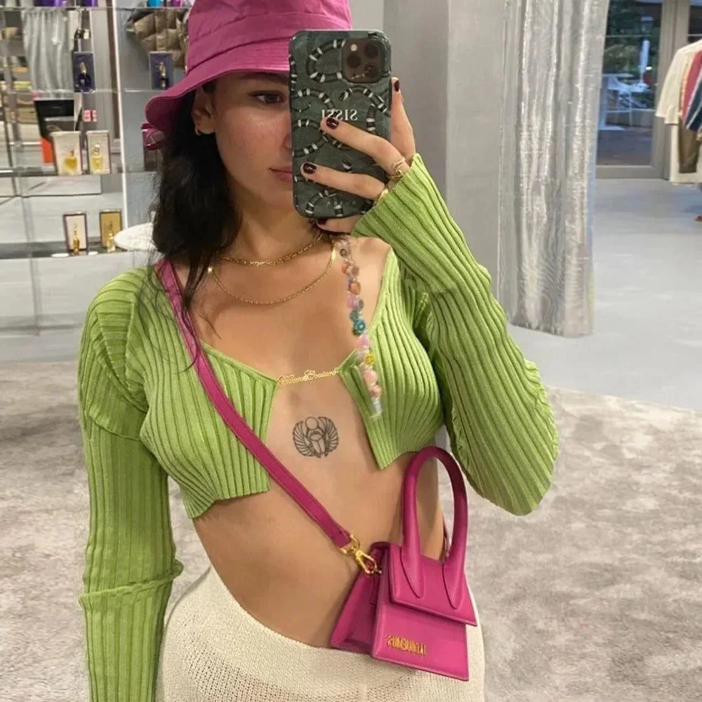 Rib-Knit Long Sleeve Green Crop Top