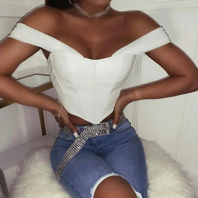 Chiffon Lace-Up Off-The-Shoulder Corset Crop Top