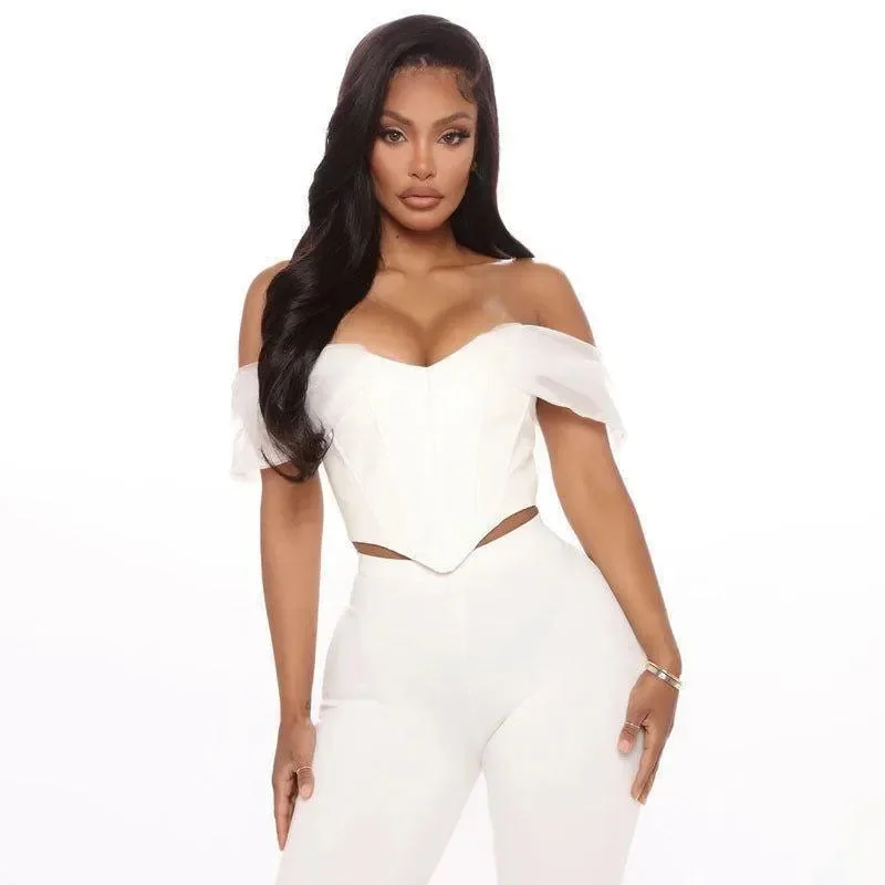 Chiffon Lace-Up Off-The-Shoulder Corset Crop Top