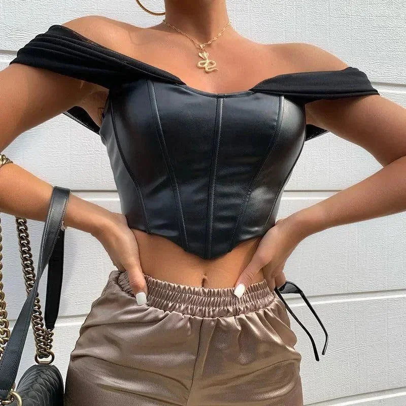 Chiffon Lace-Up Off-The-Shoulder Corset Crop Top