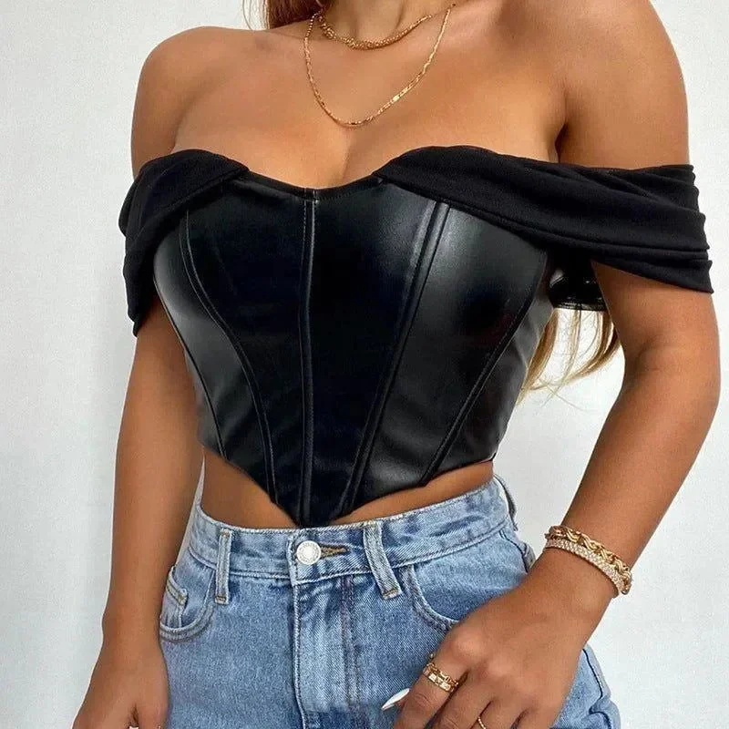 Chiffon Lace-Up Off-The-Shoulder Corset Crop Top