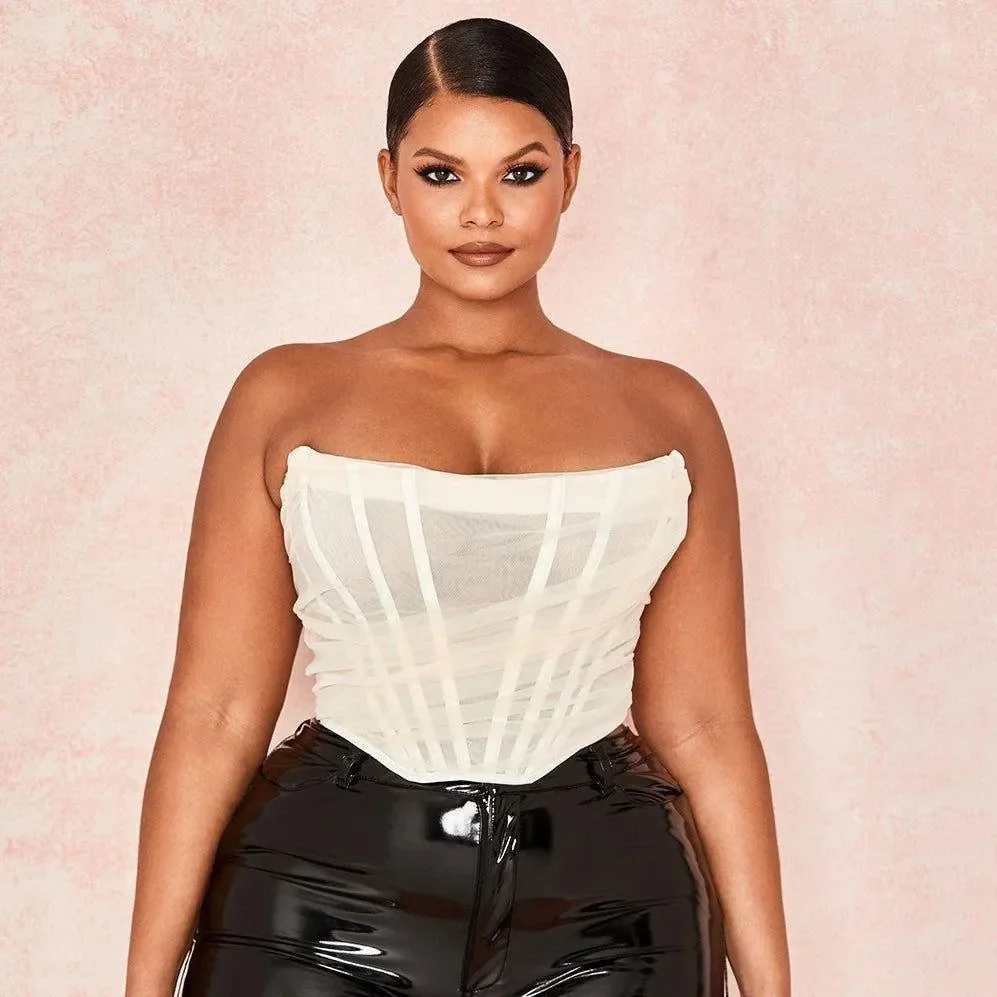 Chic Mesh Corset Crop Top in White/Pink/Black