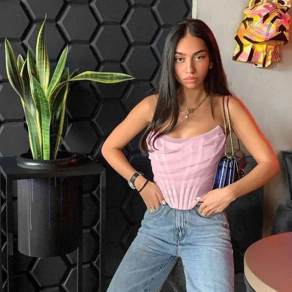 Chic Mesh Corset Crop Top in White/Pink/Black