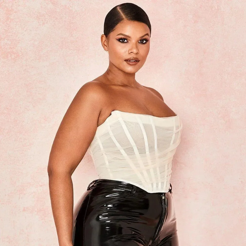 Chic Mesh Corset Crop Top in White/Pink/Black
