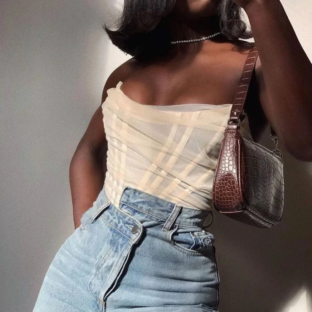 Chic Mesh Corset Crop Top in White/Pink/Black