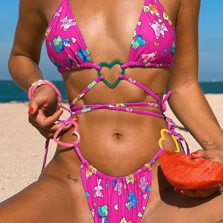 Fun Cartoon Print Bikini Set with Ring Accents