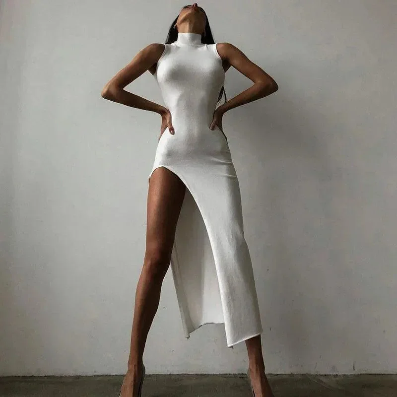 Elegant High Split White Black Midi Dress