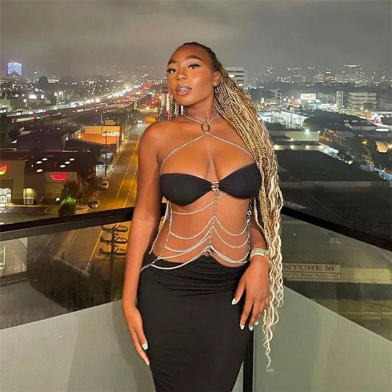 Chic Black Halter Maxi Dress - Elegant Chain Detail Design