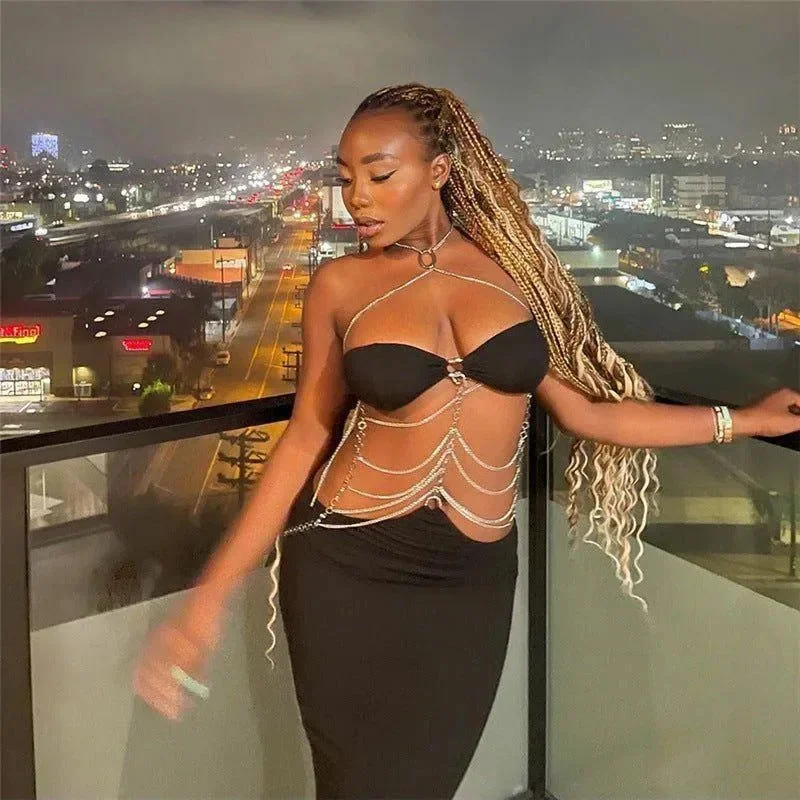 Chic Black Halter Maxi Dress - Elegant Chain Detail Design