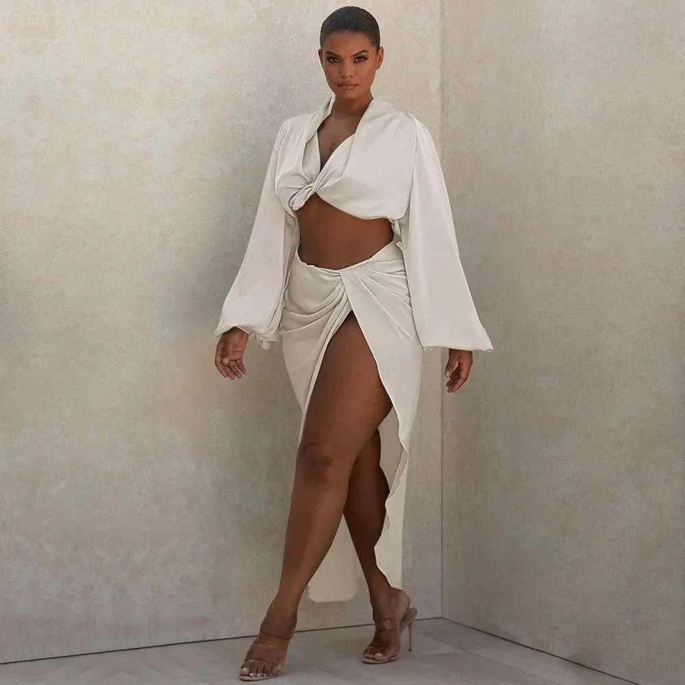 Elegant Satin Matching Set in Versatile Green, White, and Black for Women